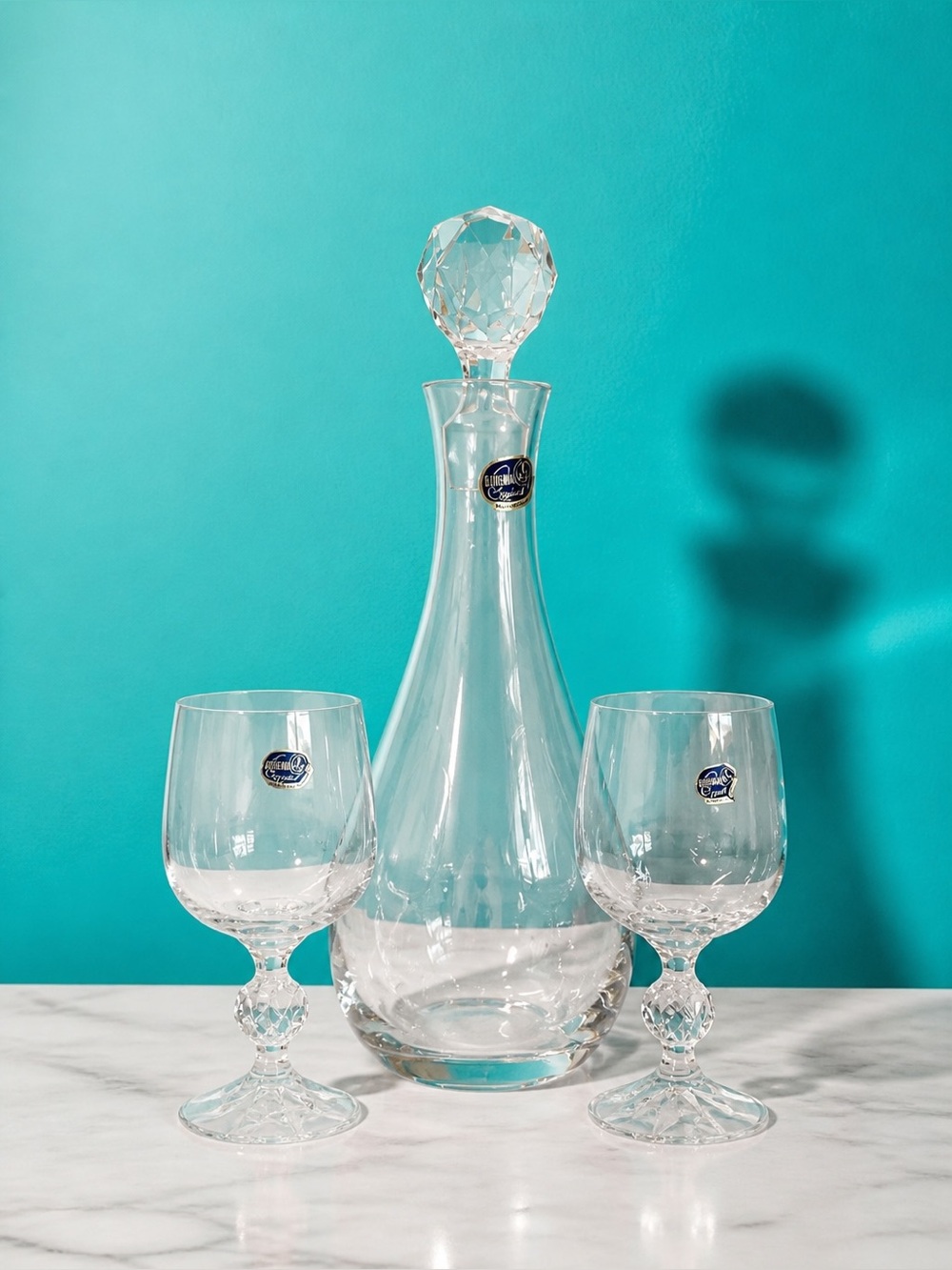 Vintage Bohemian Crystal Czech Republic Clear Glass Decanter with Glasses